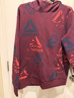 Reebok Men's Burgundy Crewneck Hoodie with Navy and Coral Logo Print